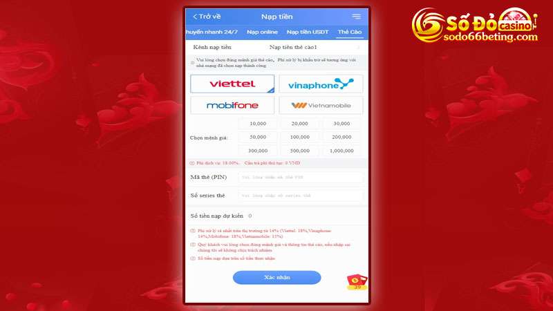 Nạp tiền Sodo66 bằng thẻ cào điện thoại