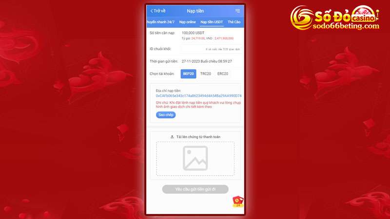 Nạp tiền Sodo66 qua hình thức nạp USDT