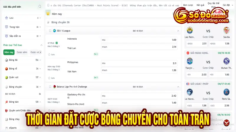 Thời gian đặt cược bóng chuyền cho toàn trận